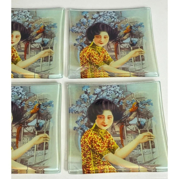 4 Lots of Pcs Mai Decal Plate Chinese Pin Up Girls Glass Plates Art Decor Poster - Picture 2 of 6